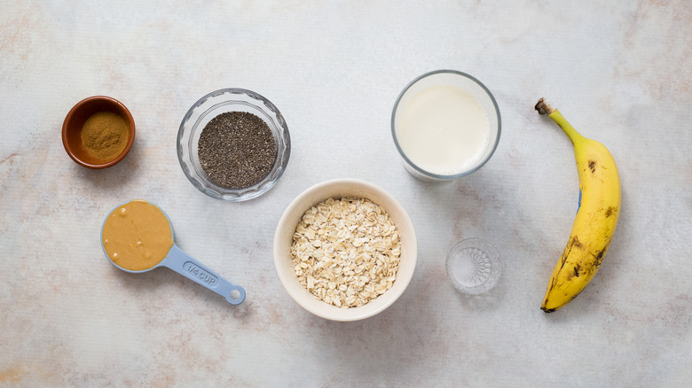 Peanut butter banana overnight oat ingredients on table