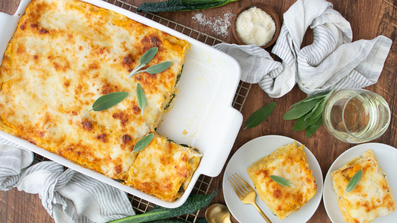 Pumpkin lasagna in casserole dish