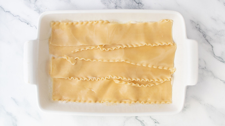 Lasagna noodles layered across bottom of casserole dish