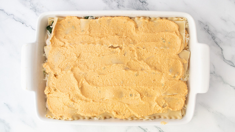 Pumpkin lasagna in casserole dish