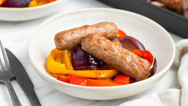 sausage and peppers on plate 