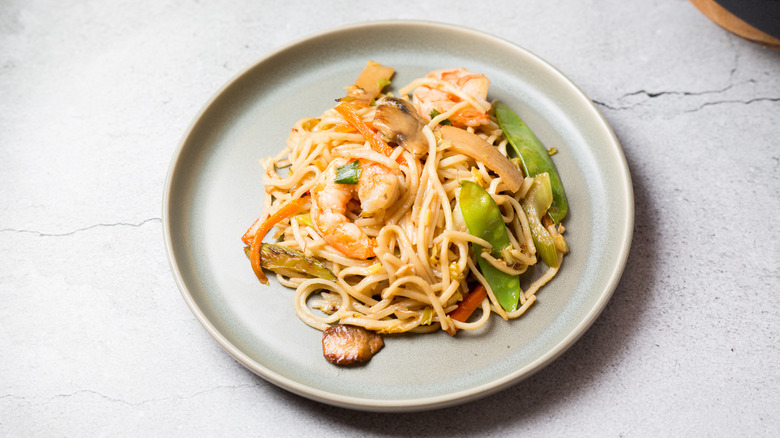shrimp lo mein on plate
