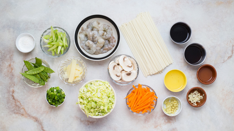 shrimp pasta ingredients on table