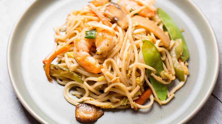 shrimp lo mein on plate
