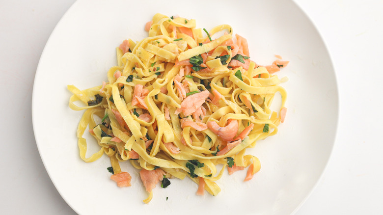 salmon pasta on plate 