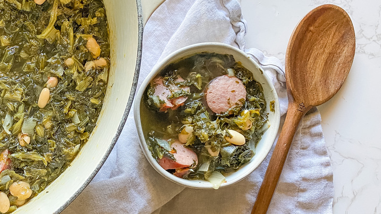 A bowl of turnip greens soup