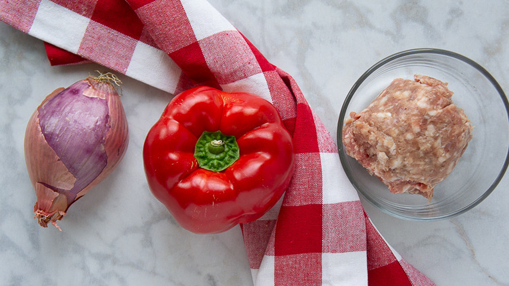 pepper, onion, and raw sausage