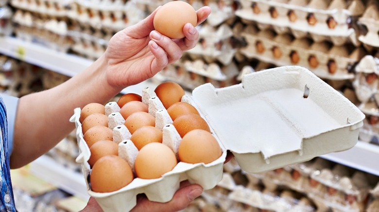 Person holding a carton of eggs