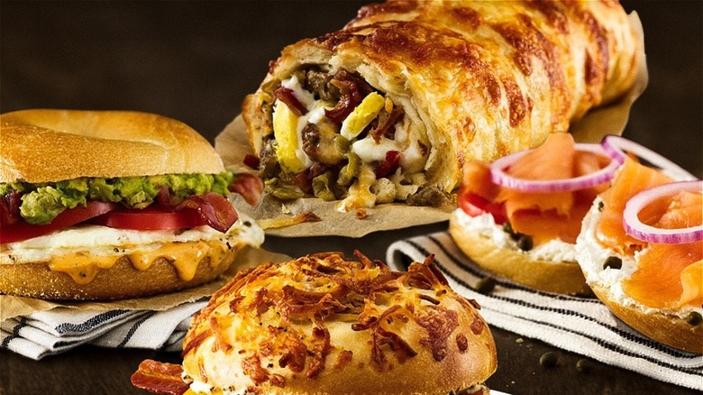 Einstein Bros breakfast menu items, including bagel sandwiches and breakfast burrito