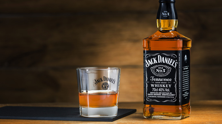 A bottle and glass of Jack Daniel's original Tennessee whiskey