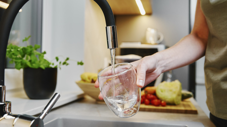 person filling glass with water from kitchen faucet