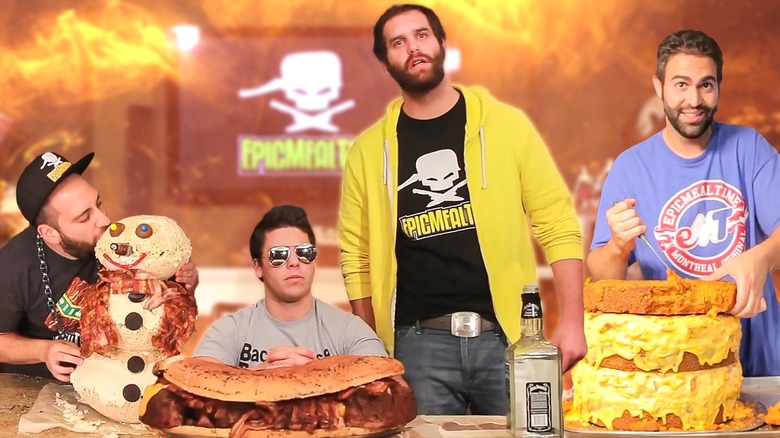 Composite image of outrageous epic meal time dishes with some of the YouTube celebrities