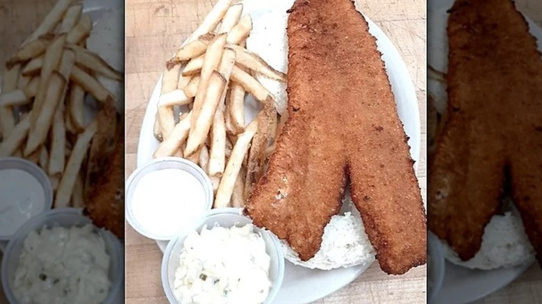 Fish sandwich and fries on plate
