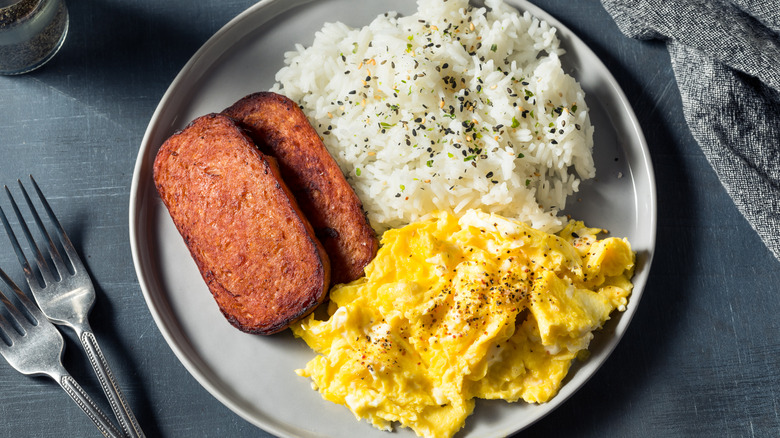 Spam and eggs on a plate