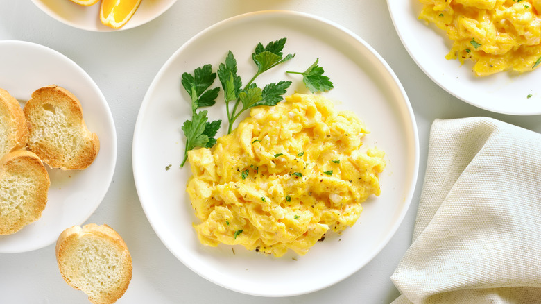 Scrambled eggs on a plate, next to a plate of toasted bread, over a white background