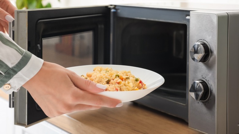 Hand putting dish in microwave