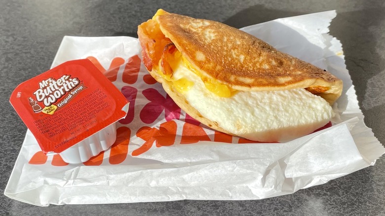 Pancake wrap and packet of syrup
