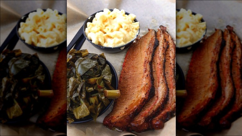 Brisket, collard greens, and mac and cheese from Jesse's Barbecue & Local Market.