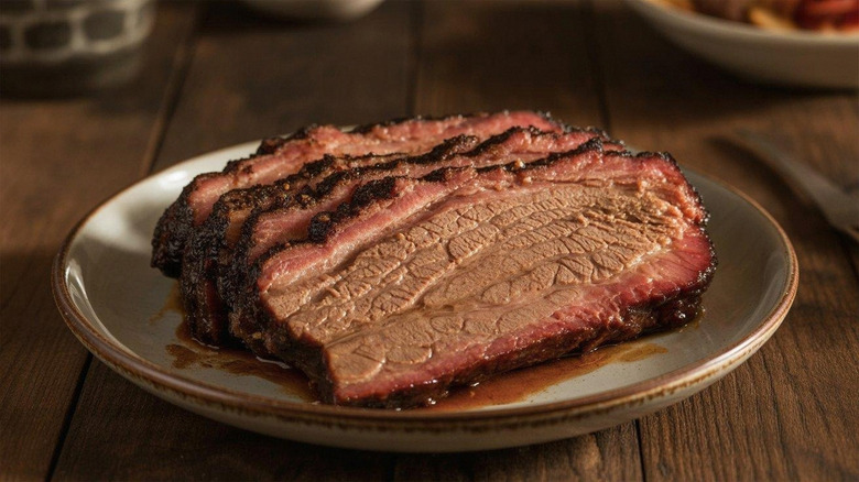 Brisket on plate atop wooden table