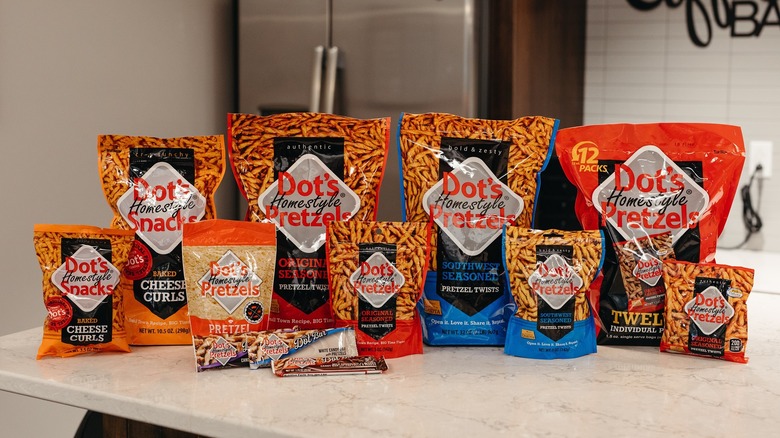 Lineup of Dot's pretzels products