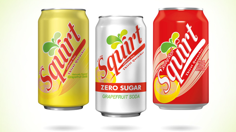 Cans of Squirt, Diet Squirt, and Ruby Red Squirt.