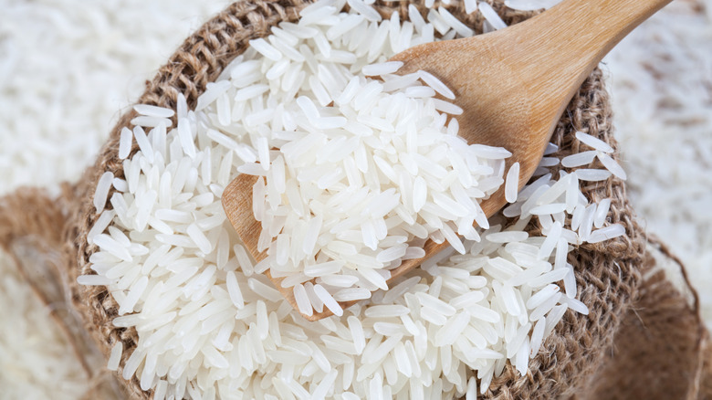 raw rice in a spoon