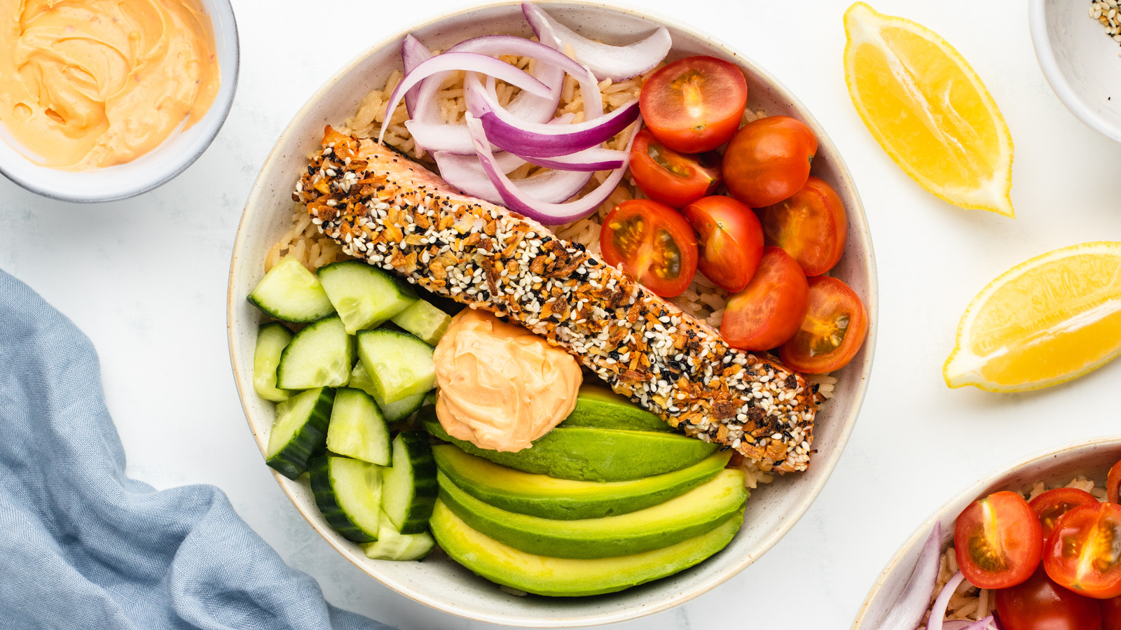Everything Bagel Salmon Bowl With Sriracha Cream Cheese Recipe