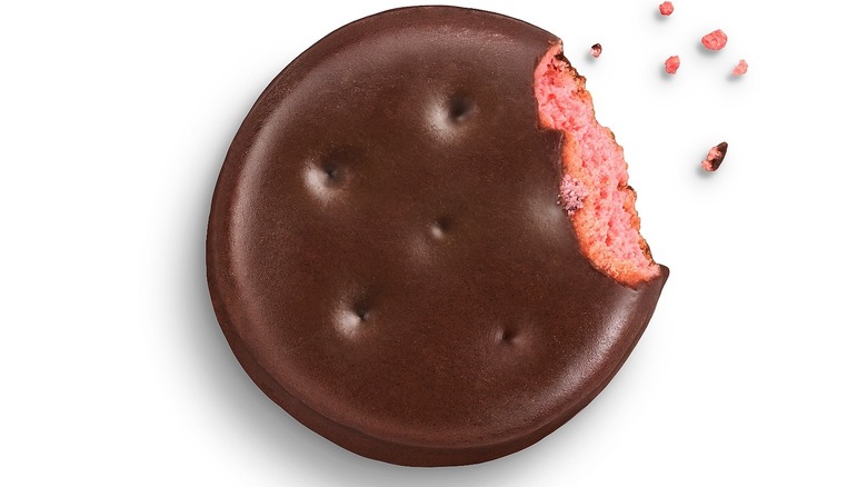 raspberry rally cookie with bite out of it