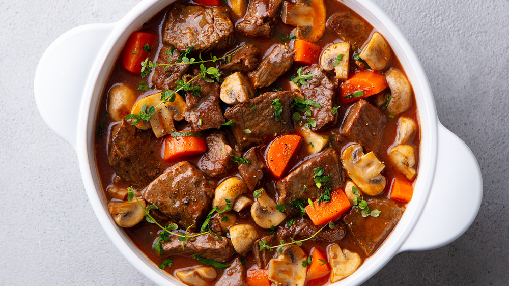 Beef stew in a white bowl