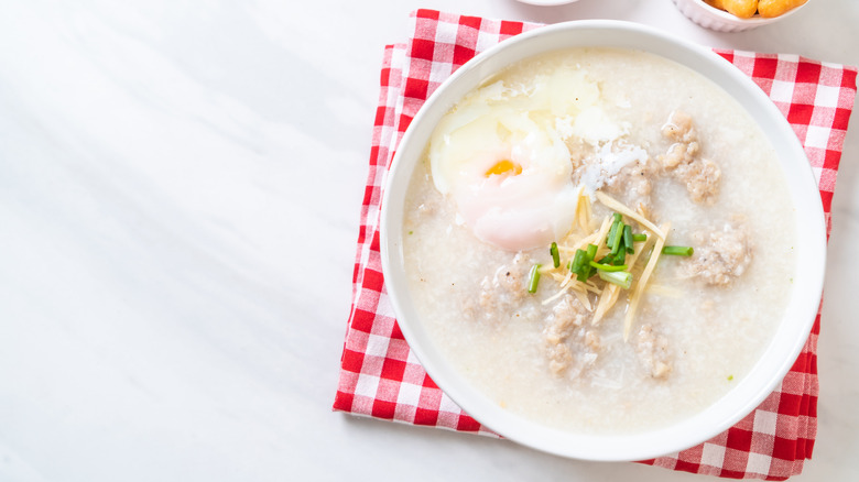 congee in bowl with pork