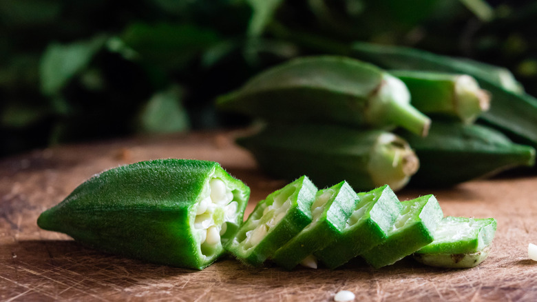 Cut up okra on board