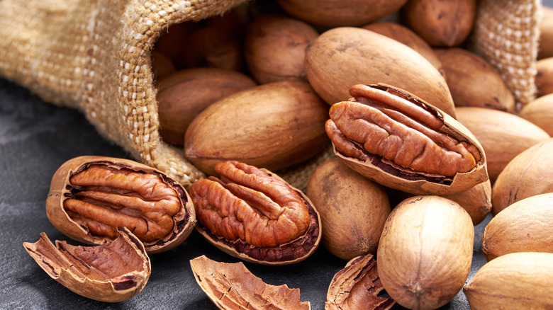 pecans shelled in burlap bag