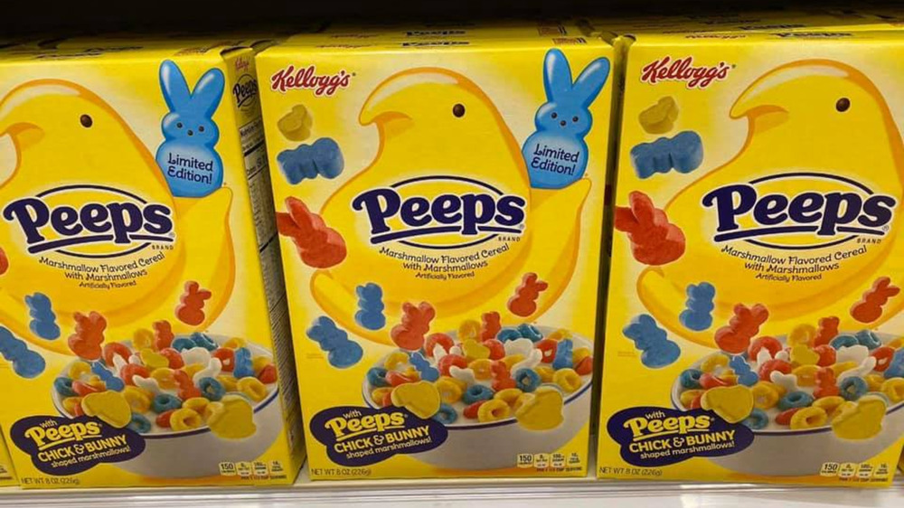 Row of Peeps cereal on shelf