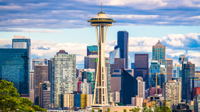 Seattle skyline set against clouds