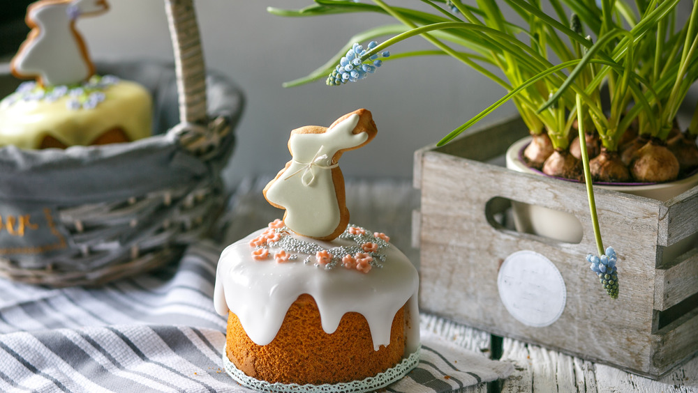 Bunny cake next to an Easter basket