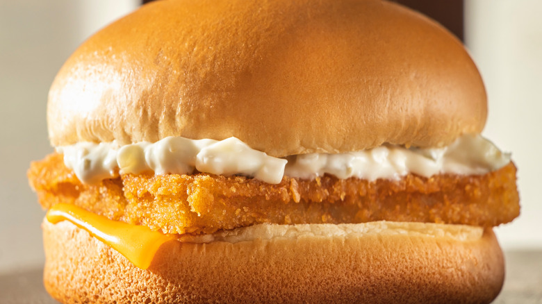 Fish sandwich on bun close up