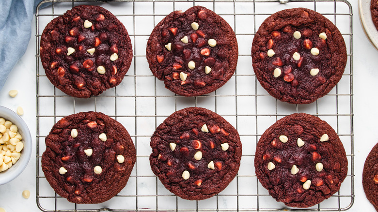 Red velvet cookies on wire rack