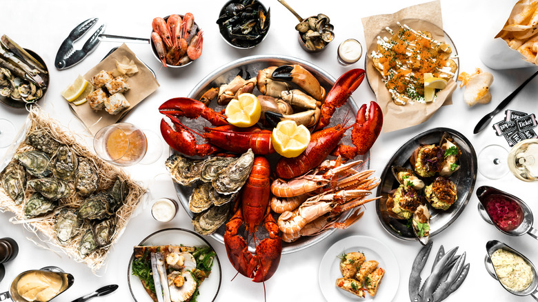 Seafood dinner spread with lobster