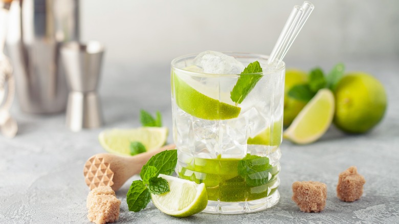 Caipiroska cocktail with ingredients and shaker