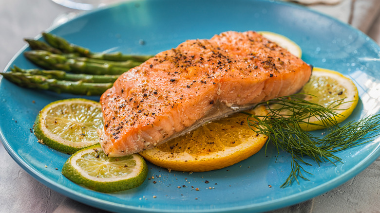 Perfectly-cooked salmon on blue plate