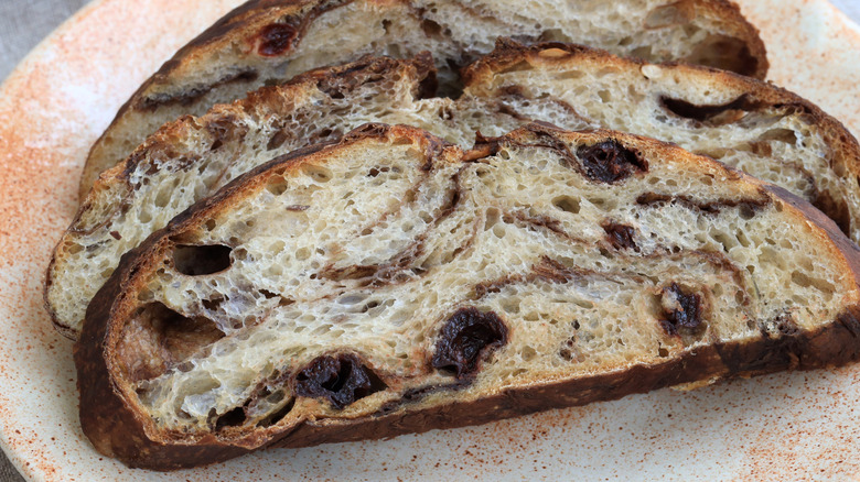 Closeup of slices of chocolate and cherry sourdough