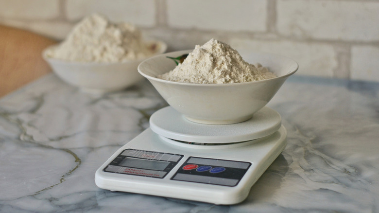 Bowl of flour on kitchen scale