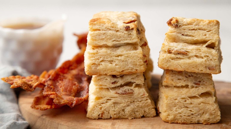 stacked biscuits with bacon