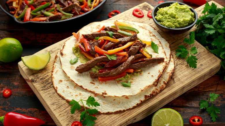 Fajita meat on tortilla