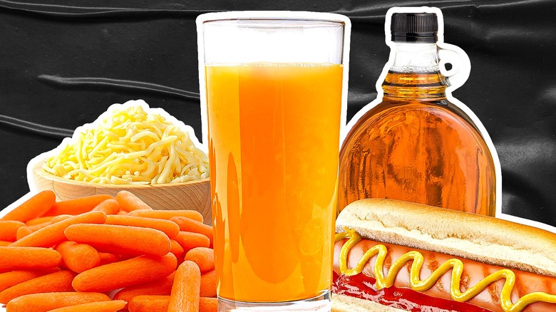 assortment of carrots, cheese, juice, syrup