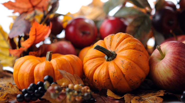 A fall season concept with pumpkins, apples, and maple leaves