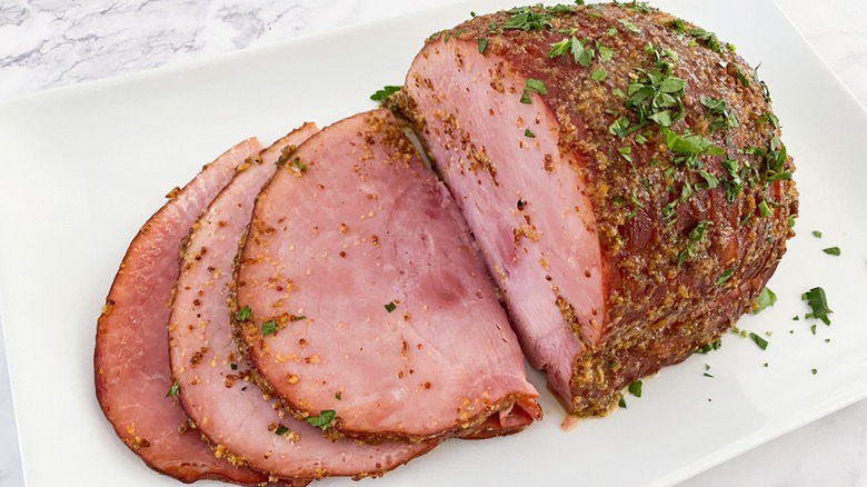 cut and seasoned whole ham