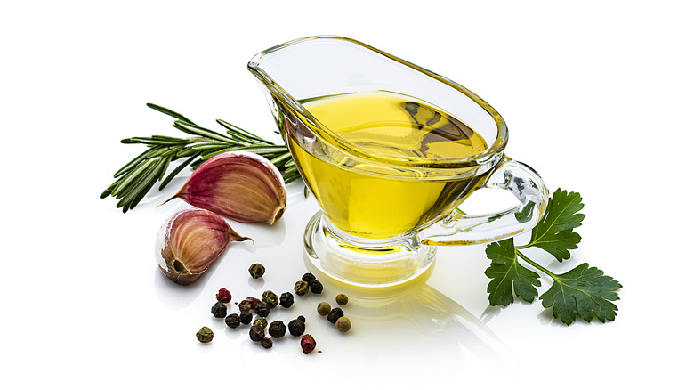 olive oil in glass carafe