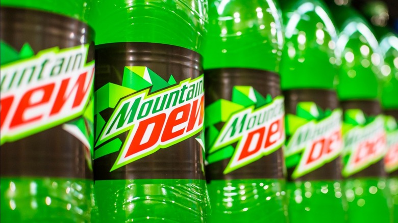 Mountain Dew bottles on a shelf