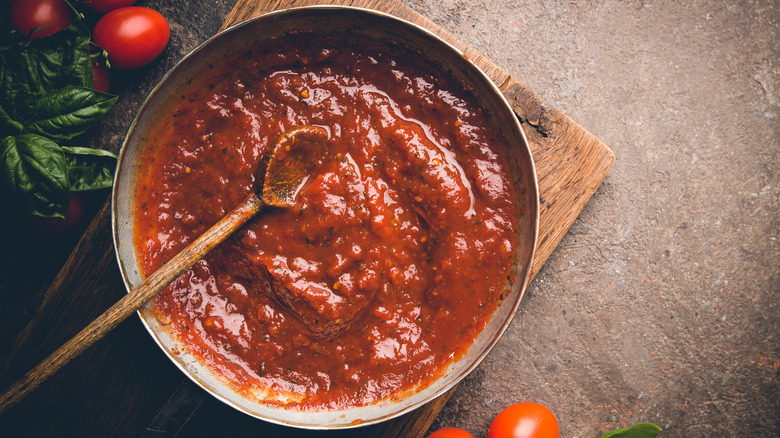 Tomato sauce in a gray bowl